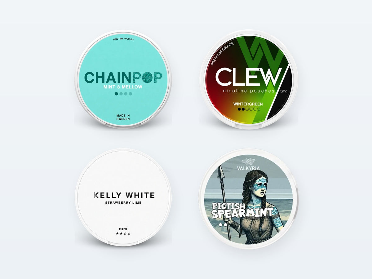 Nikotínové vrecúška: Chainpop, CLEW, Kelly White, Valkyria